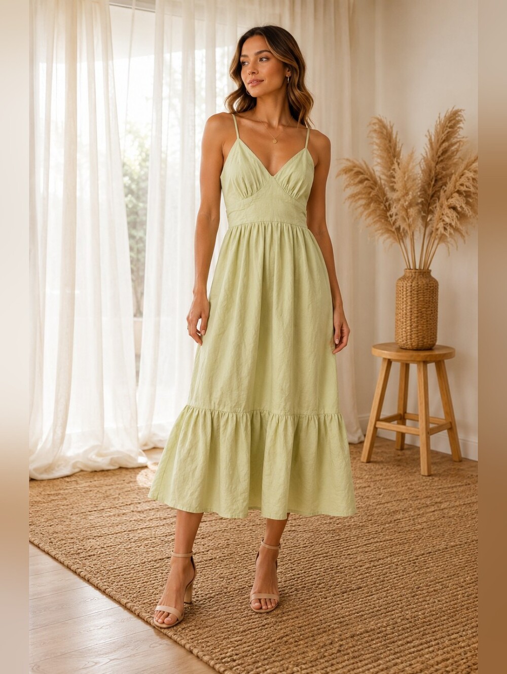 Japna Light Green Spaghetti Strap Key Hole Midi Dress L